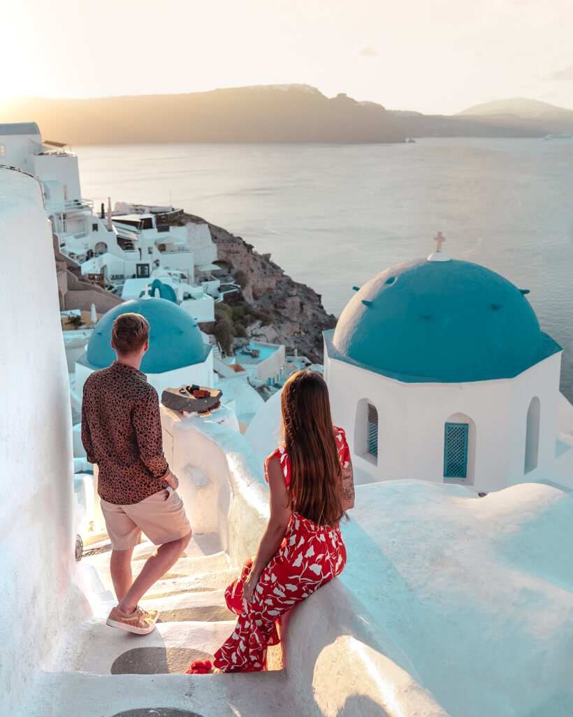 Three Blue Domes In Oia at sunrise
