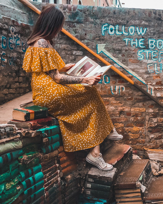 The famed book-steps of Libreria Acqua Alta in Venice